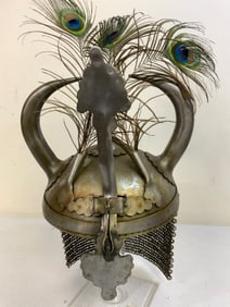 INDO PERSIAN MUGHAL KHULA KHUD HELMET WITH HORNS AND PEACKOK FEATHERS