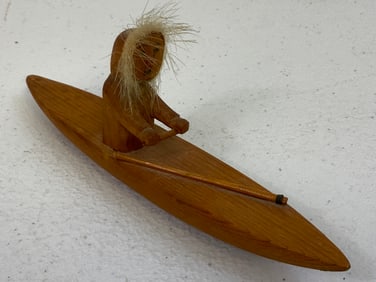 VINTAGE ESKIMO FIGURE OF HUNTER IN KAYAK