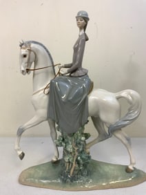 LLADRO SPAIN WOMAN RIDING A HORSE LARGE COLORED PORCELAIN STATUE