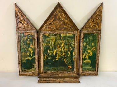 ANTIQUE SPAIN MADRID MADE 3 PANNEL ARTWORK OF PIETER COECHE LA ANUNCIACION