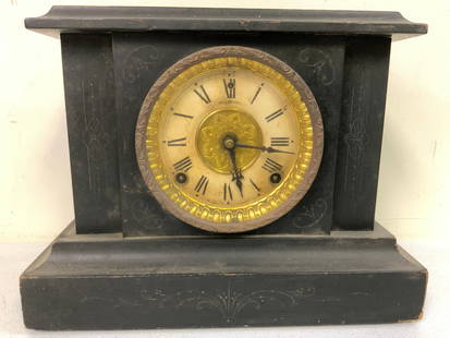 ANTIQUE AMERICAN SESSIONS MANTEL CLOCK: ANTIQUE AMERICAN SESSIONS MANTEL CLOCK. WORKING CONDITION IS UNKNOWN. CIRCA LATE 19TH- EARLY 20TH C. 13 X 11 X 6 SIZE.FROM DR. PAUL D. LYNN COLLECTION.