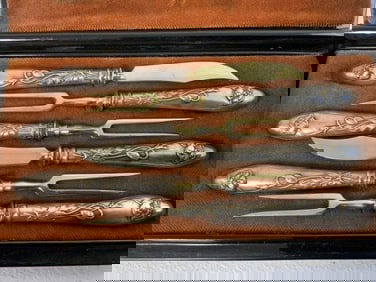 ANTIQUE JAPANESE FORK KNIVES SET IN WOODEN LACQUER FITTED BOX
