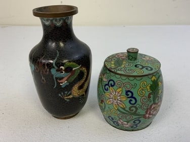 ANTIQUE CHINESE ENAMELED BRASS CLOISONNE VASE AND JAR