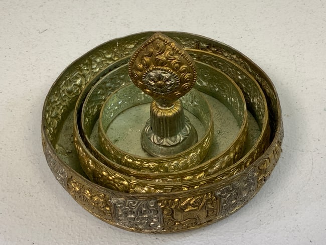 NEPAL BUDDHIST MANDALA OFFERING SET: NEPAL BUDDHIST MANDALA OFFERING SET.CIRCA 1950'S. 6" DIAM. FROM DR. PAUL D. WYNN COLLECTION.