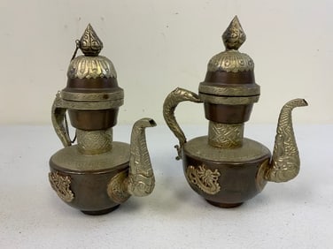 ANTIQUE MONGOLIAN TIBETAN COPPER AND BRASS COFFEE OR TEA POTS