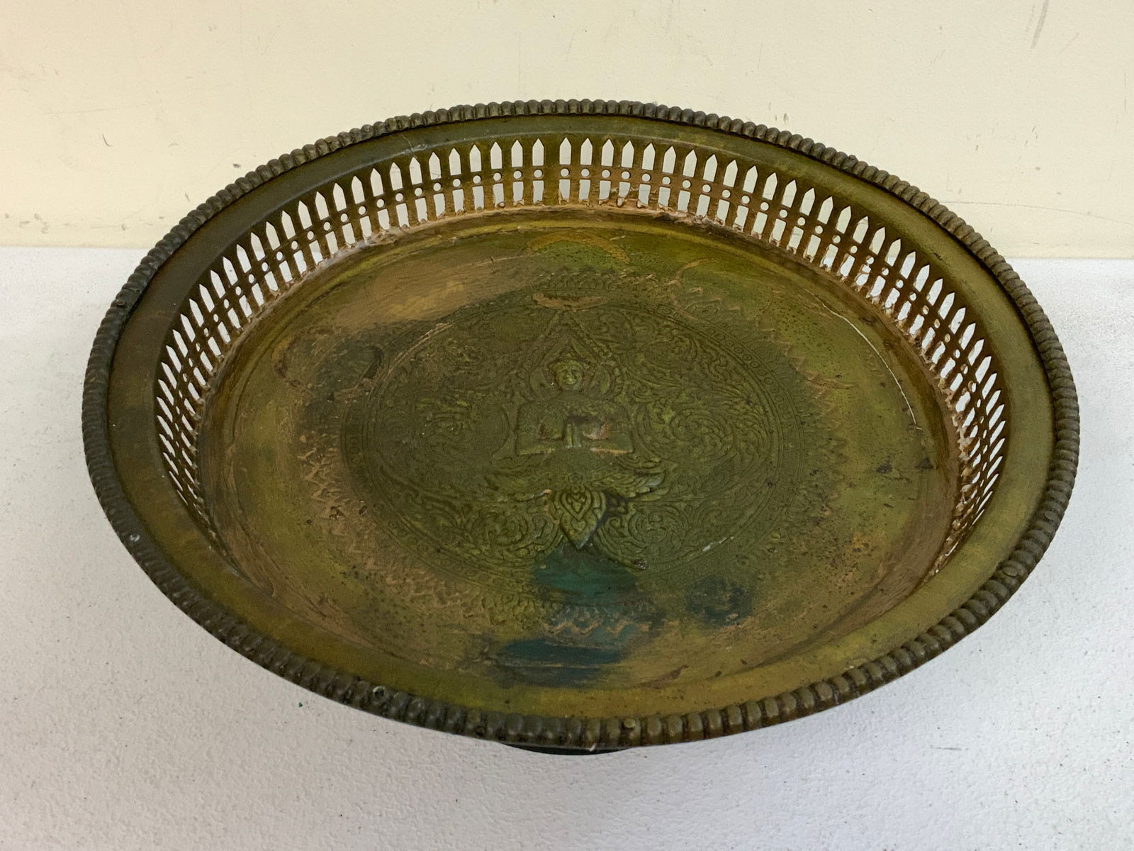 THAILAND ANTIQUE BRASS BOWL APSARA ANGEL: THAILAND ANTIQUE BRASS BOWL APSARA ANGEL. 12" DIAM. 5" TALL. FROM DR. PAUL D.LYNN COLLECTION