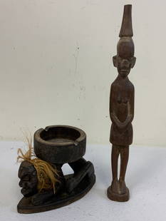 AFRIKA LOT OF 2 VINTAGE AFRICAN CARVED WOOD ITEMS: LOT OF 2 VINTAGE AFRICAN CARVED WOOD ITEMS . 5" AND 13" TALL. FROM DR.PAUL D LYNN COLLECTION