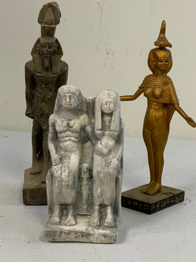 EGYPTIAN DECORATING FIGURES LOT OF 3: EGYPTIAN DECORATING FIGURES LOT OF 3. 10", 9" AND 6" TALL.FROM DR. PAUL D WYNN COLLECTION .