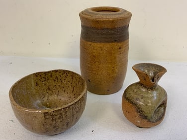 ANTIQUE JAPANESE SHIGARAKI ASH GLAZED TEA BOWL , SAKE BOTTLE AND JAR