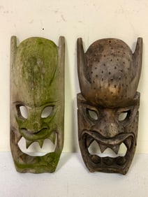 ANTIQUE JAPANESE WOODEN DEMON GUARDIAN MASKS