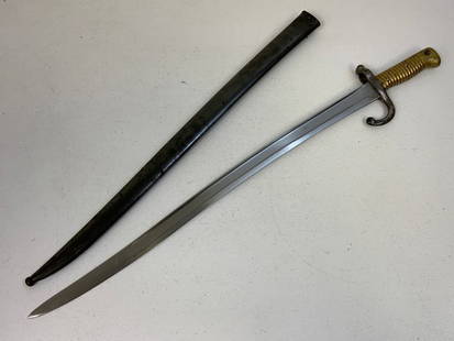 ANTIQUE FRENCH CHASSEPOT MODEL 1866 YATAGHAN SWORD BAYONET MATCHING NUMBERS: ANTIQUE FRENCH CHASSEPOT MODEL 1866 YATAGHAN SWORD BAYONET. NICE CONDITION FOR ITS AGE. ARSENAL MARKED AND DATED 1874 ON THE SPINE. MATCHING NUMBERS TO THE SCABBARD. 28" LONG EITH 22 1/2' LONG BLADE.