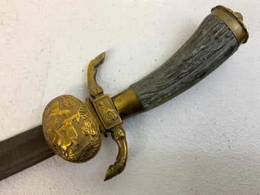 ANTIQUE GERMAN HUNTING DAGGER SHORT SWORD HIRSCHFANGER WITH ETCHED BLADE