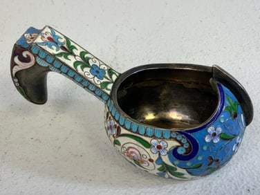 ANTIQUE IMPERIAL RUSSIAN SILVER CLOISONNE ENAMEL KOVSH BY V.MOROZOV