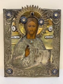 ANTIQUE IMPERIAL RUSSIAN ICON CHRIST PANTOCRATOR SILVER GILD ENAMELS AND STONES