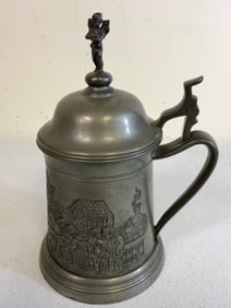 ANTIQUE GERMAN PEWTER STEIN WITH CLEAR GLASS BOTTOM