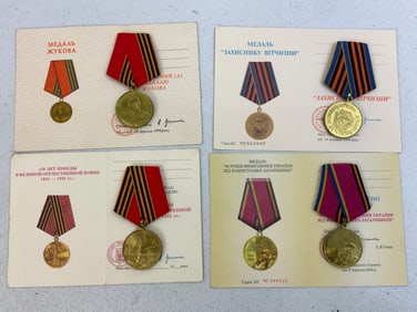 UKRAINE LOT OF 4 MEDALS WITH AWARD PAPERS