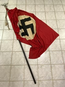 GERMANY THIRD REICH LARGE NATIONAL FLAG WITH POLE TASSLES AND POLE TOP
