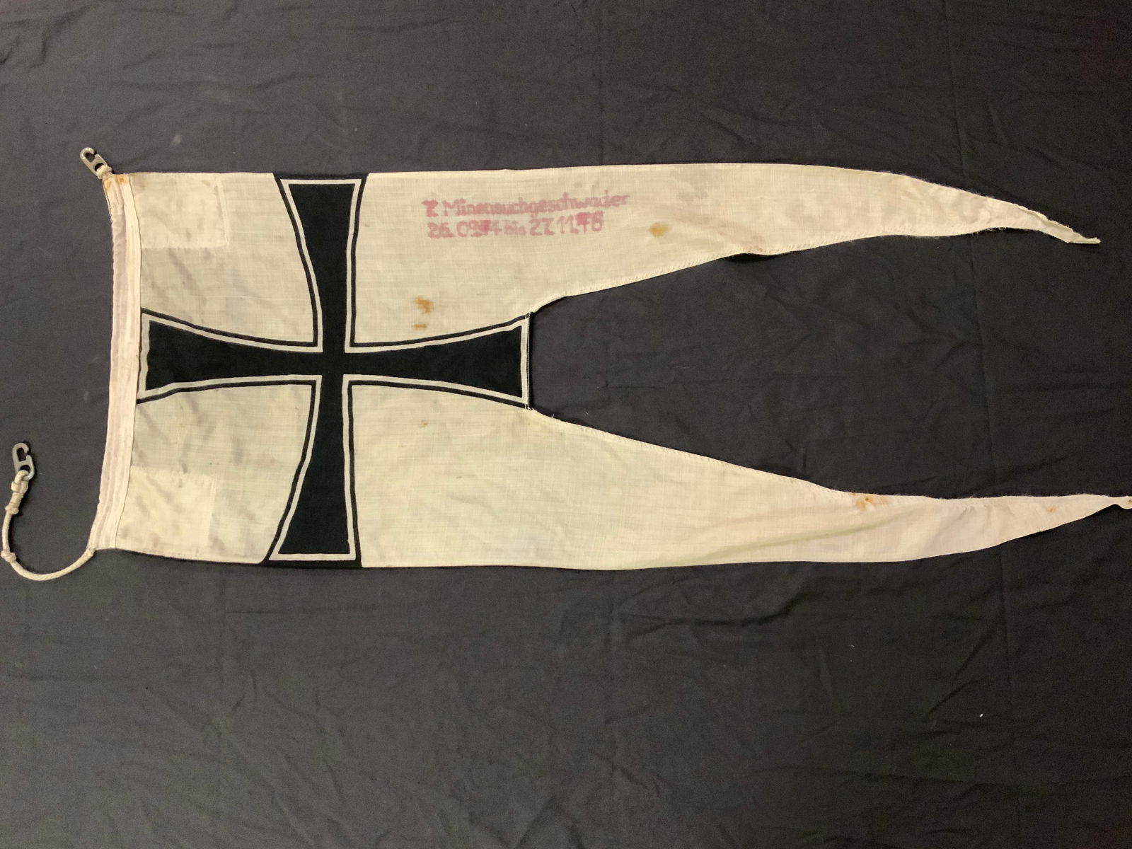 WWII GERMAN NAVY KRIEGSMARINE ADMIRAL ON BOARD OF THE SHIP LARGE PENNANT: WWII GERMAN NAVY KRIEGSMARINE ADMIRAL ON BOARD OF THE SHIP LARGE PENNANT. WELL USED AND NICELLY MARKED. MANUFACTURING TAG ALONG WITH SHIPS NAME AND OTHER MARKINGS. SHIPS INFORMATION IN RED INK ALSO MA