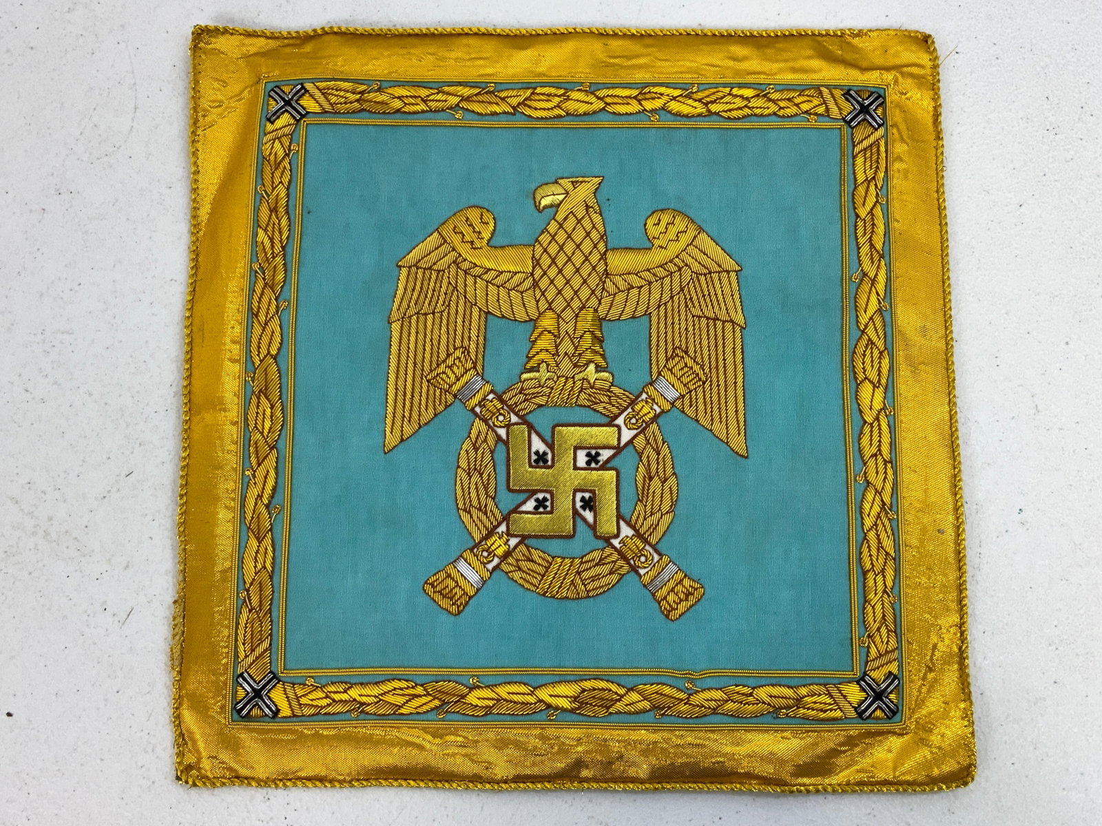 WWII GERMAN REICHSMARSHALL HERMANN GOERING CAR PENNANT: WWII GERMAN REICHSMARSHALL HERMANN GOERING CAR PENNANT. BEAUTIFUL PIECE WITH AMAZING EMBROIDERY WORK. GREAT CENTERPIECE OF ANY MILITARY COLLECTION. DOUBLE SIDED. 11 3/4 X 11 3/4 SIZE .