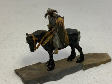 VINTAGE HORSEMEN VIKING WARRIOR LEAD FIGURINE ON SLATE STAND