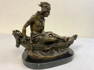 DUCHOISELLE SIGNED "INDIAN BRAVE IN A CANOE" BRONZE STATUE