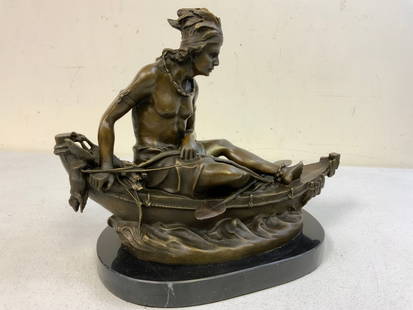DUCHOISELLE SIGNED  "INDIAN BRAVE IN A CANOE" BRONZE STATUE: DUCHOISELLE SIGNED "INDIAN BRAVE IN A CANOE" BRONZE STATUE. BEAUTIFUL HIGH QUALITY BRONZE DEPICTING A NATIVE AMERICAN IN A CANOE. ON GRANITE BASE. 12" TALL. 11 1/2 X 1 1/2 OVAL GRANITE BASE. AMAZING D