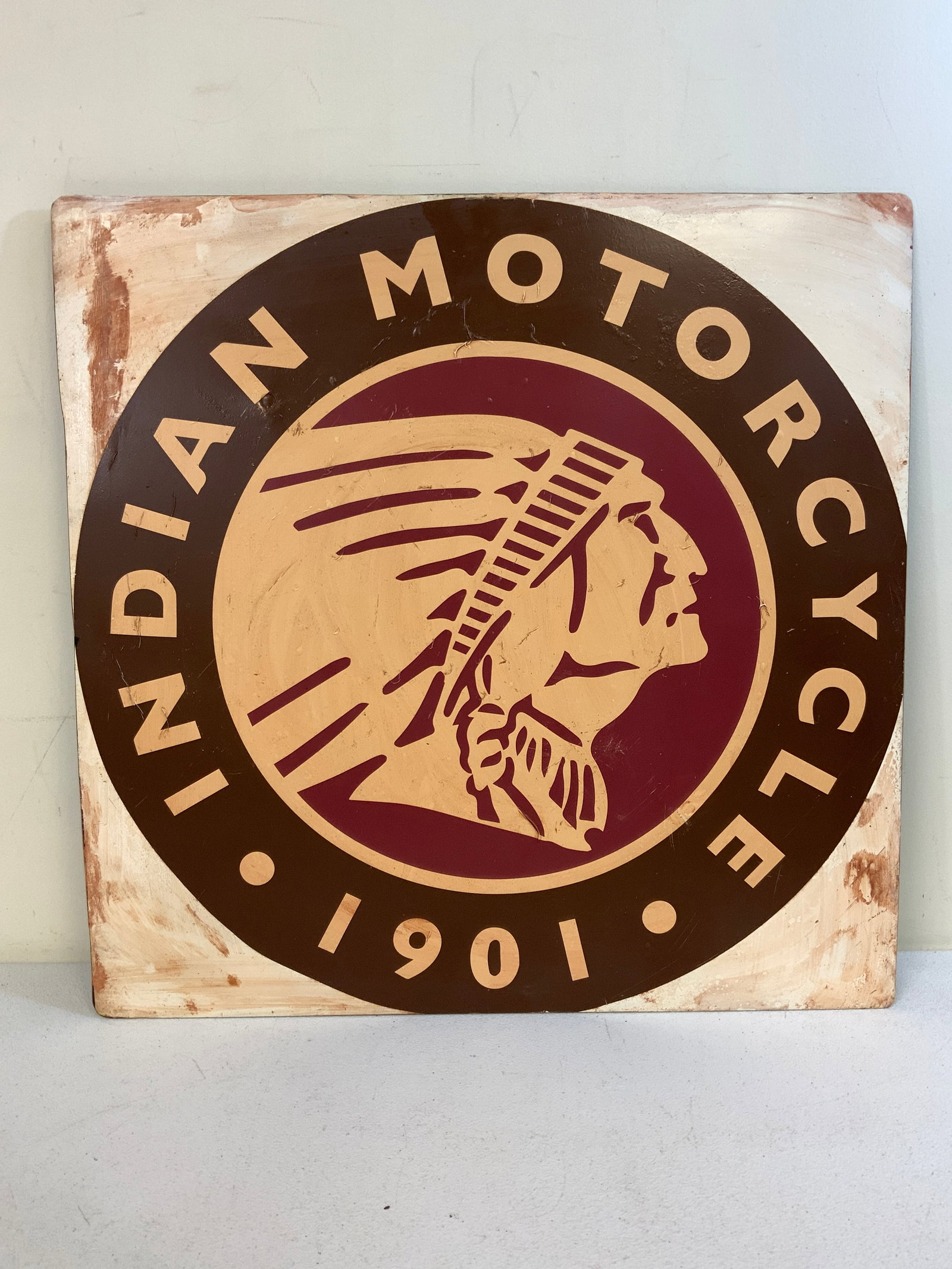 VINTAGE INDIAN MOTORCYCLE STEEL SIGN: VINTAGE INDIAN MOTORCYCLE STEEL SIGN. LARGE AND HEAVY . 24 X 24 SIZE.