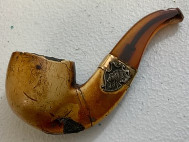 ANTIQUE MEERSCHAUM AND AMBER GOLD AND SILVER DECORATED SMOKING TOBACCO PIPE