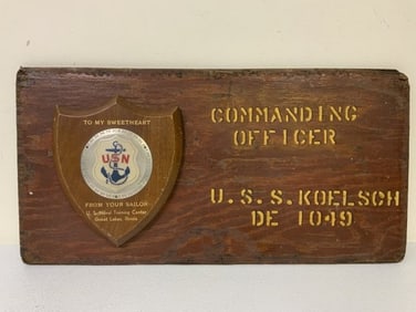 US NAVY USS KOELSH NAVAL TRAING ACCADEMY COMMANDING OFFICER TO SWEETHEART DISPLAY PLAQUE
