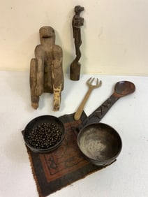 INDONESIA ANTIQUE DAYAK TRIBE OFFERING BOWLS AND TRIBAL WOOD CARVINGS