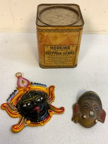 INDIAN GODDESS MASKS AND ANTIQUE EGYPTIAN HENNA TIN CAN
