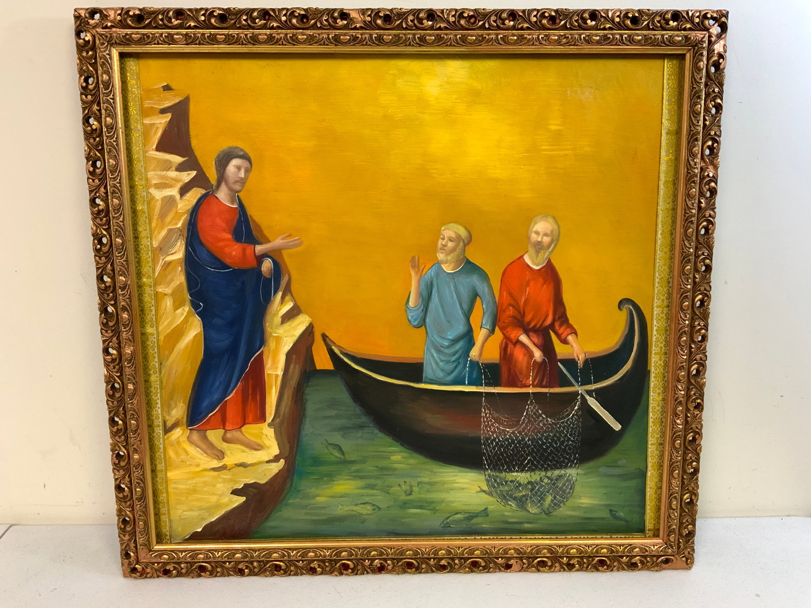 ANTIQUE OIL ON CANVAS APOSTLES PETER AND ANDREW FRAMED PAINTING: ANTIQUE OIL ON CANVAS APOSTLES PETER AND ANDREW FRAMED PAINTING.MOUNTED ON POPLAR PANEL CRADLE. C. 1820 .ACADEMIC COPY OF DUCCIODE BUONINSEGNA 1308-1311.ORIGINALLY FROM TURTURICE COLLECTION , TURIN , 