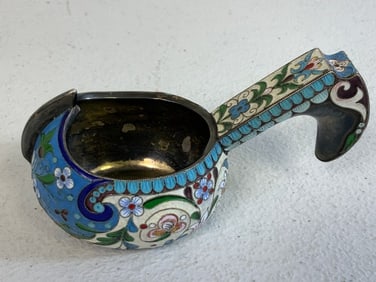 ANTIQUE IMPERIAL RUSSIAN SILVER CLOISONNE ENAMEL KOVSH BY V.MOROZOV