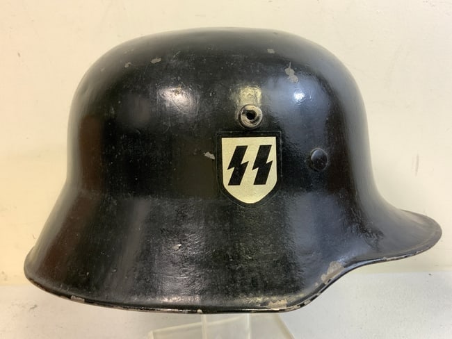 THIRD REICH GERMANY LEIBSTANDARTE ALLGEMEINE SS M18 PARADE HELMET: THIRD REICH GERMANY ALLGEMEINE SS M18 PARADE HELMET. BLACK PAINTED ORIGINALLY IMPERIAL GERMAN MADE M18 HELMET. DOUBLE DECAL. OVERALL GOOD CONDITION WITH SOME WEAR AMD PAINT CHIPPING. NO LINER. NICELY 