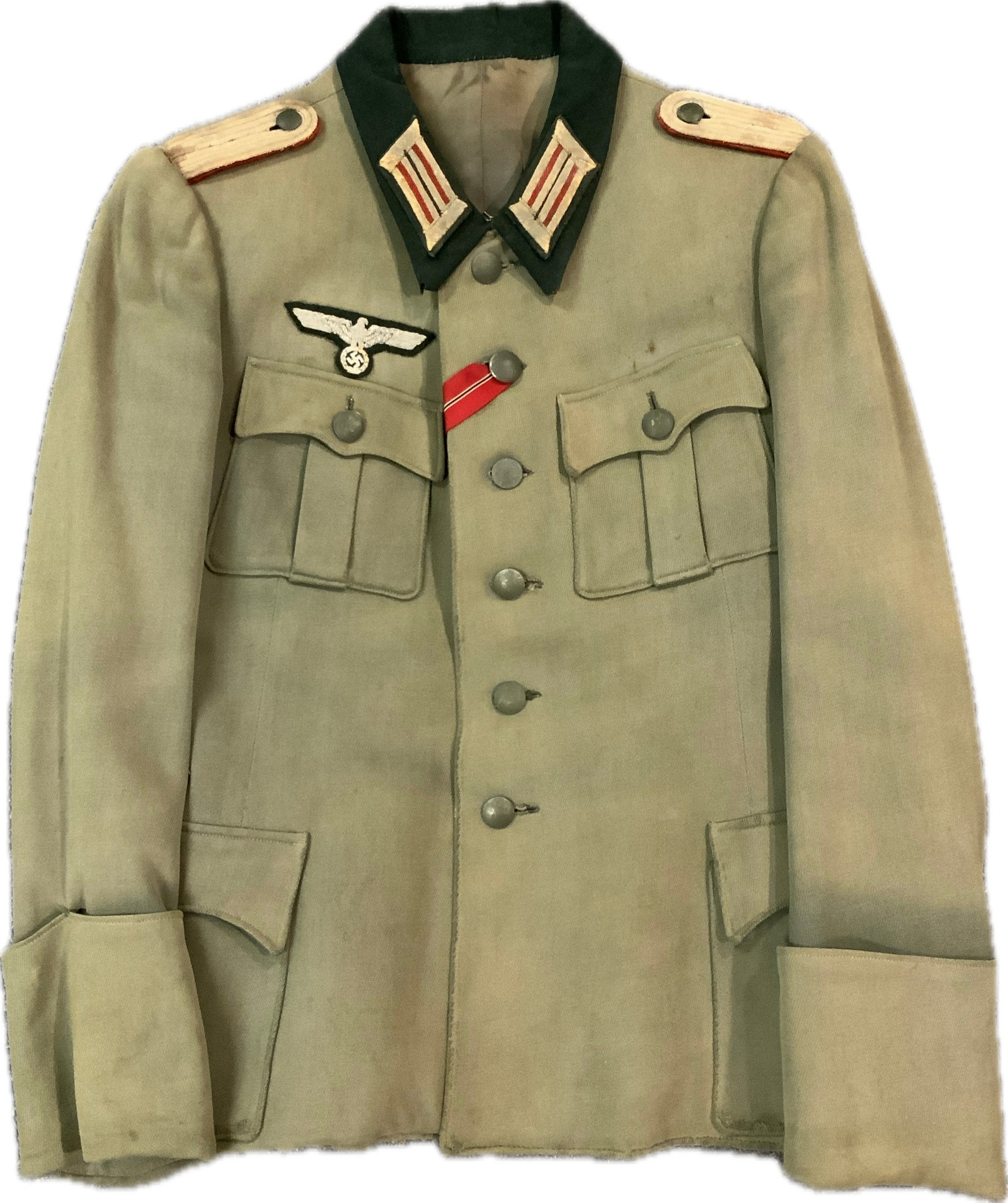 WWII GERMAN ARMY ARTILLERY OFFICER TUNIC: WWII GERMAN ARMY ARTILLERY OFFICER TUNIC. GREAT TUNIC WITH LOTS OF FIELD WEAR. WIEN AUSTRIAN TAILOR LABEL INSIDE. RUSSIAN FRONT MEDAL RIBBON IN THE BUTTON HOLE. GREAT WELL WORN TUNIC.