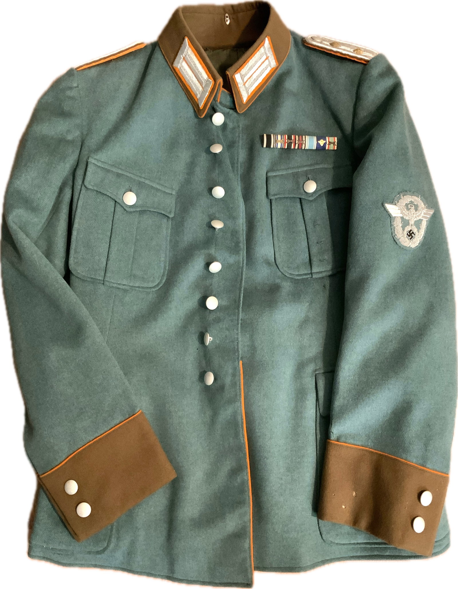 WWII GERMAN POLICE OFFICER UNIFORM TUNIC: WWII GERMAN POLICE OFFICER UNIFORM TUNIC. VERY NICE EXAMPLE. NICE SILVER WIRE EMBROIDERED SLEEVE EAGLE. LARGE MEDAL BAR.OVERALL GOOD CONDITION WITH MONOR HOLES AND WEAR.