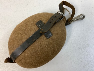 WWII GERMAN MILITARY WATER BOTTLE WITH NAMED WOOL COVER AND STRAPS