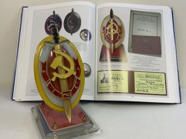 USSR DISTINQUISHED MVD WORKER DESK ORNAMENT WITH BOOK BY R. PANDIS