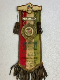USA ANTIQUE HUNGARIAN BROTHERS ASSOCIATION CHICAGO 1906 RIBBON WITH BADGE