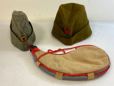 VINTAGE GERMAN AND YOUGOSLAVIAN CAPS AND SPANISH WINE FLASK