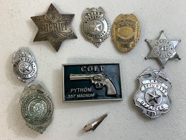 VINTAGE OBSOLETE USA SECURITY BADGES AND COLT BELT BUCKLE LOT