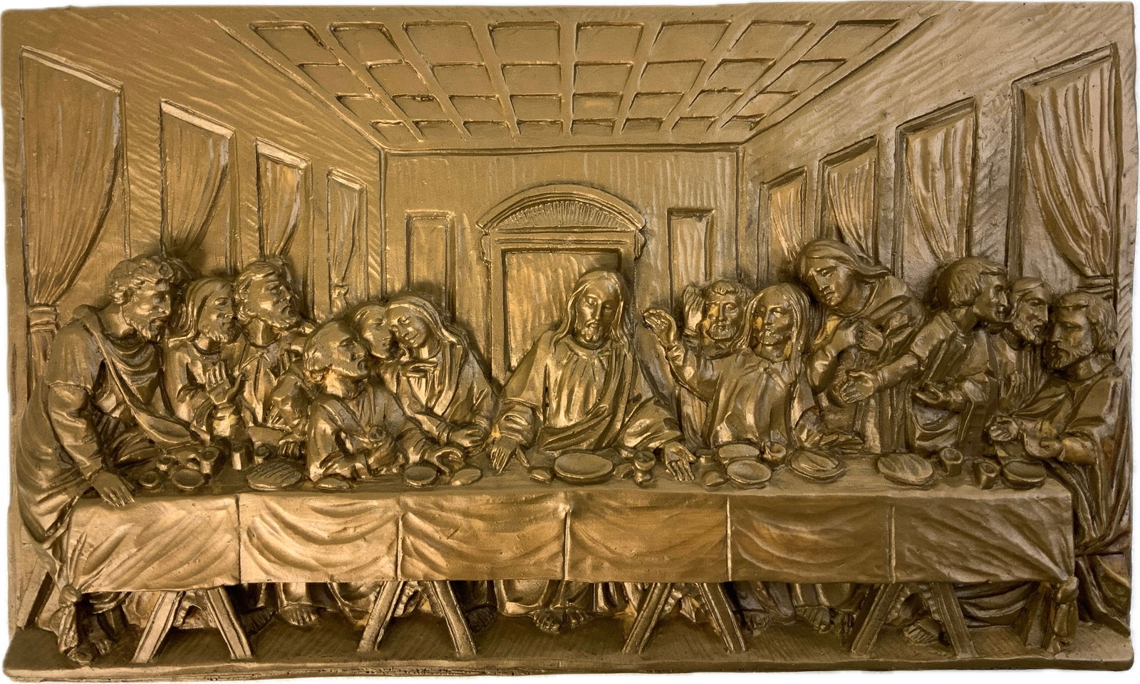 LAST SUPPER WALL RELIEF: The Last Supper Wall Relief is a classic bas relief plaque, crafted from durable fiberglass resin with an antique finish. Its generous size and fine detail make it a distinctive piece for sacred space