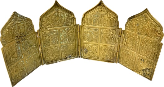 ANTIQUE RUSSIAN ORTHODOX BRASS 4 PANNELS FOLDING ICON