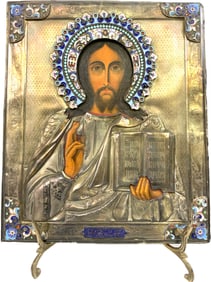 ANTIQUE 19TH CENTURY RUSSIAN ORTHODOX ICON WITH SILVER AND ENAMELS RIZA COVER.