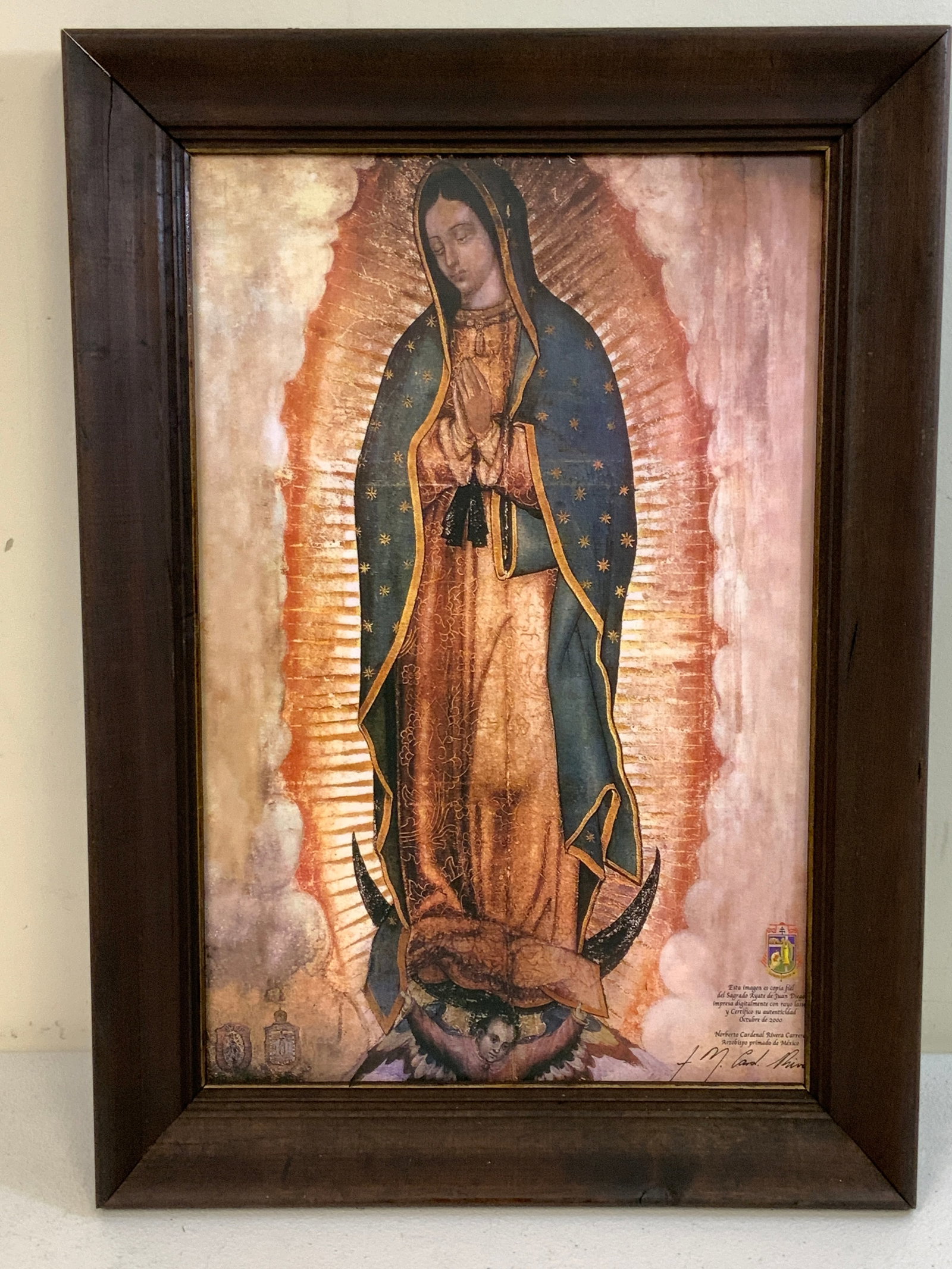 MEXICO VIRGIN DE GUADALUPE LITHO ON CANVAS FRAMED: MEXICO VIRGIN DE GUADALUPE LITHO ON CANVAS FRAMED. 15 1/2 X 21 SIZE.