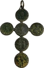 ANTIQUE LARGE CROSS MADE WITH ANCIENT BYZANTINE BRONZE 10TH-11TH C. COINS
