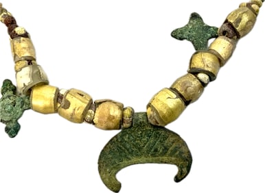 ANCIENT RUS VIKING VARANGIAN KIEVAN RUS GLASS BEAD NECKLACE WITH CHRISTIAN CROSSES AND LUNAR AMULET