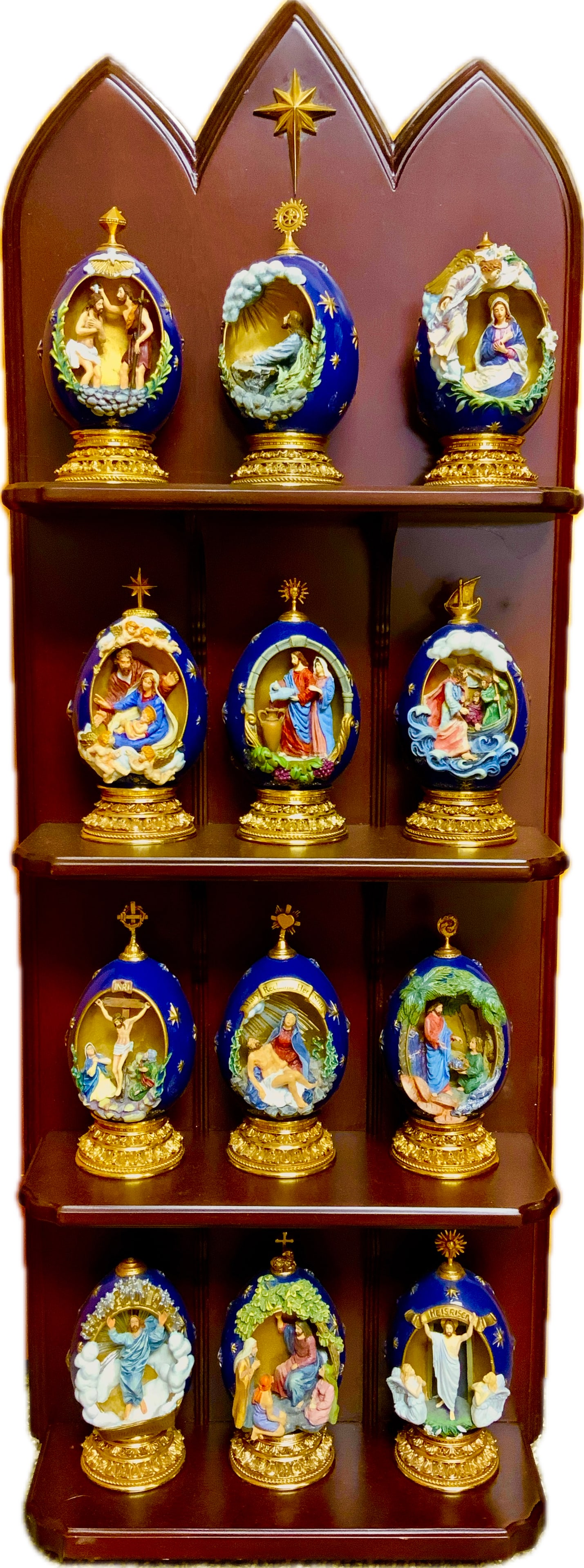 FRANKLIN MINT HOUSE OF FABERGE LIFE OF CHRIST EGG COLLECTION SET OF 12: FRANKLIN MINT HOUSE OF FABERGE LIFE OF CHRIST EGG COLLECTION SET OF 12 . COMES WITH WOODEN DISPLAY. 4" EGGS SIZE. 25X10 WOODEN DISPLAY.