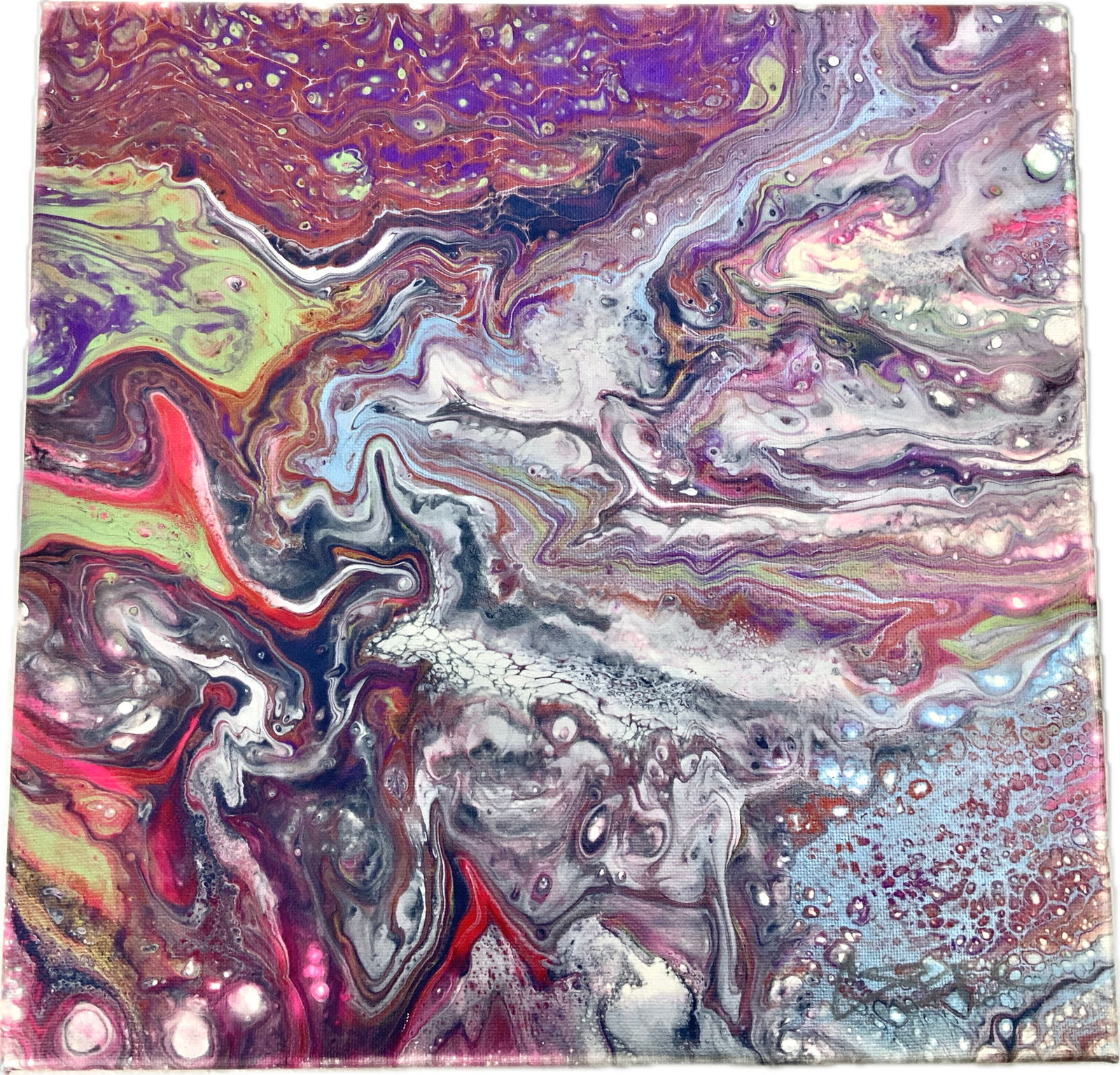 CRYSTAL SHELVEN "COSMIC AURA" ACRYLIC PAINTING ON CANVAS ORIGINAL ARTWORK: CRYSTAL SHELVEN "COSMIC AURA" ACRYLIC PAINTING ON CANVAS ORIGINAL ARTWORK. 12X12. BEAUTIFUL DECORATOR ARTWORK BY THE MOST UNIQUE MODERN AMERICAN ARTIST. SIGNED BY THE ARTIST AND DATED 2022