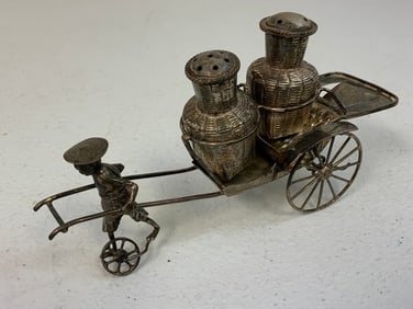 VINTAGE HONK KONG STERLING SILVER SALT AND PEPPER SHAKERS RICKSHAW